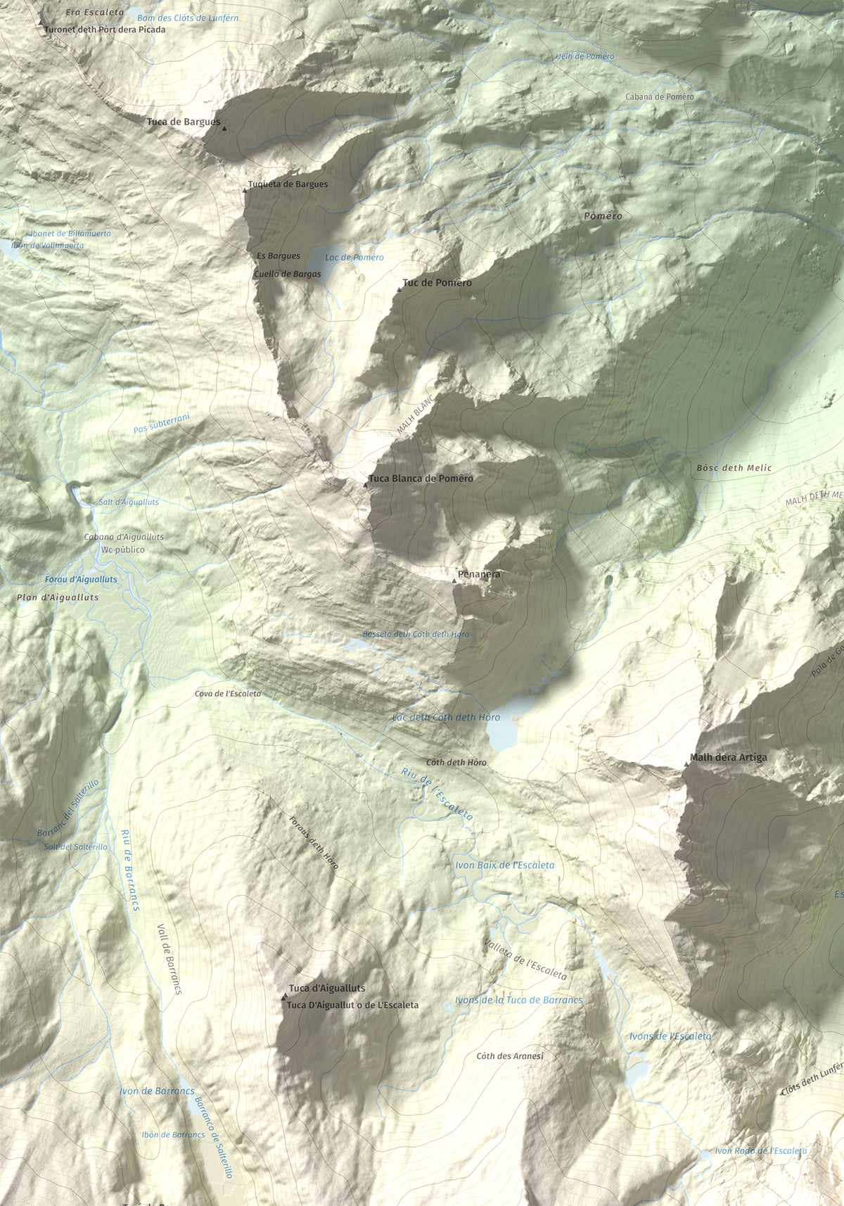 Mapa de relieve de Malh des Pois (la Forcanada), 2883 m, Val d'Aran, lámina 100 Cims de Trobart. Detalle de la zona superior izquierda. 70 × 100 cm.