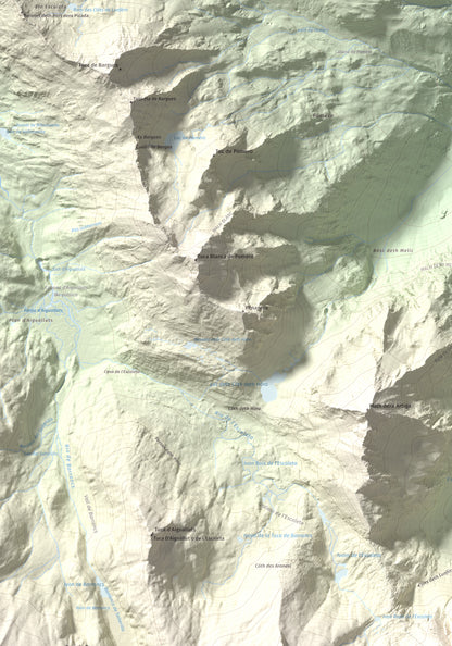 Mapa de relieve de Malh des Pois (la Forcanada), 2883 m, Val d'Aran, lámina 100 Cims de Trobart. Detalle de la zona superior izquierda. 70 × 100 cm.