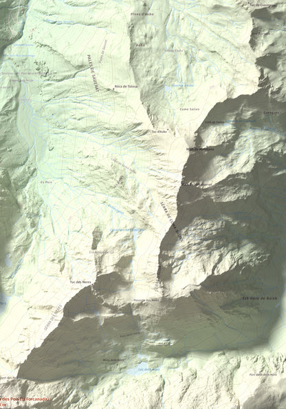 Mapa de relieve de Malh des Pois (la Forcanada), 2883 m, Val d'Aran, lámina 100 Cims de Trobart. Detalle de la zona superior derecha. 70 × 100 cm.