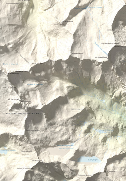 Mapa de relieve de Malh des Pois (la Forcanada), 2883 m, Val d'Aran, lámina 100 Cims de Trobart. Detalle de la zona inferior izquierda. 70 × 100 cm.