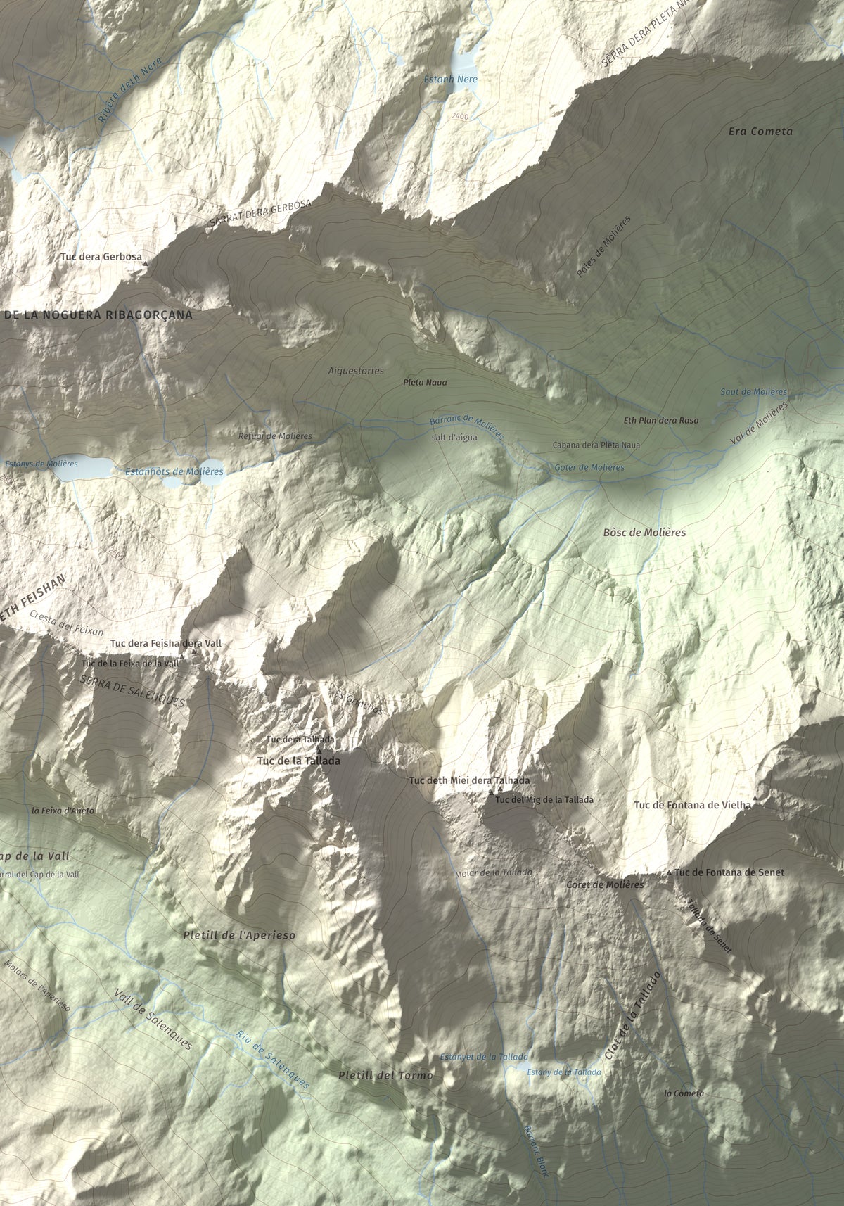 Mapa de relieve de Malh des Pois (la Forcanada), 2883 m, Val d'Aran, lámina 100 Cims de Trobart. Detalle de la zona inferior derecha. 70 × 100 cm.
