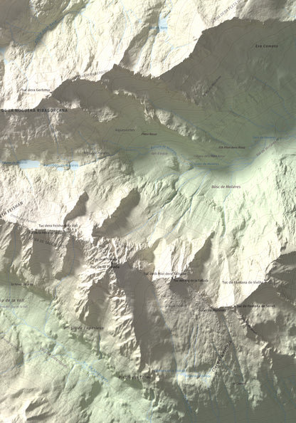 Mapa de relieve de Malh des Pois (la Forcanada), 2883 m, Val d'Aran, lámina 100 Cims de Trobart. Detalle de la zona inferior derecha. 70 × 100 cm.