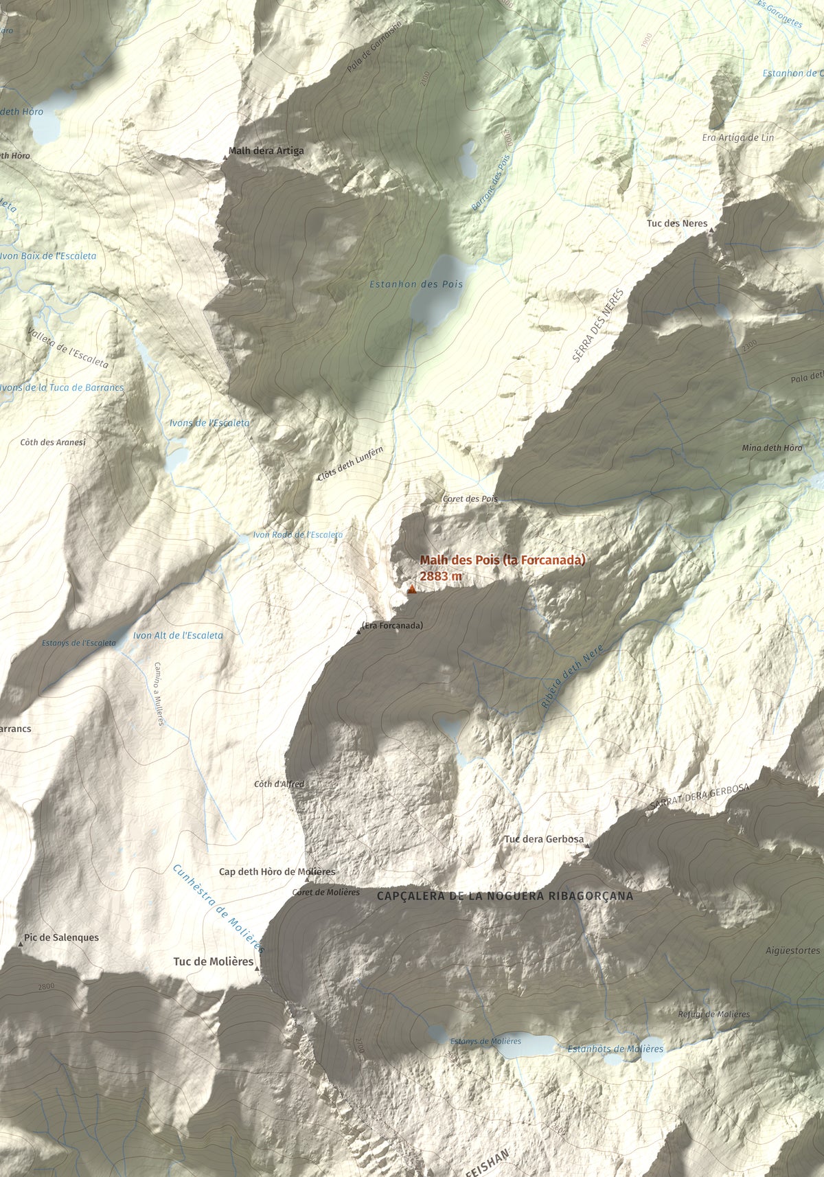 Mapa de relieve de Malh des Pois (la Forcanada), 2883 m, Val d'Aran, lámina 100 Cims de Trobart. Detalle de la zona central. 70 × 100 cm.