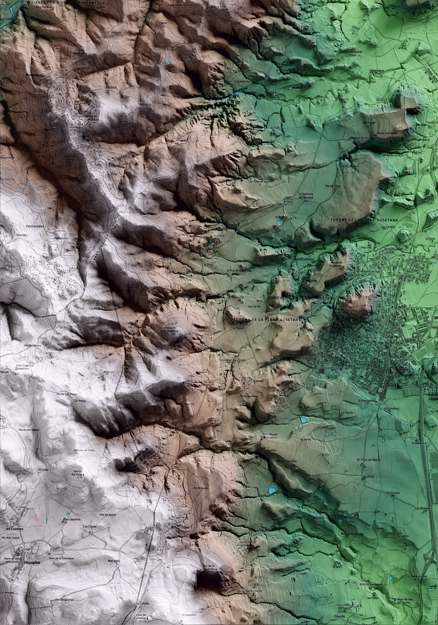 Mapa artístico del relieve de Malla, a Osona, con 15 km de entorno y base topográfica ICGC. Detalle de la zona inferior izquierda.
