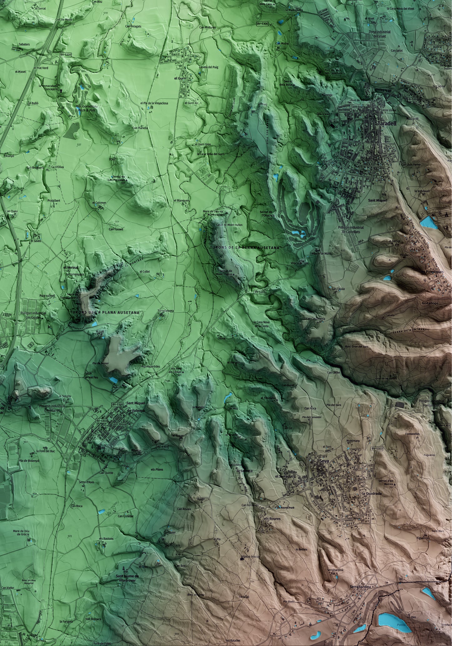 Mapa artístico del relieve de Malla, a Osona, con 15 km de entorno y base topográfica ICGC. Detalle de la zona inferior derecha.