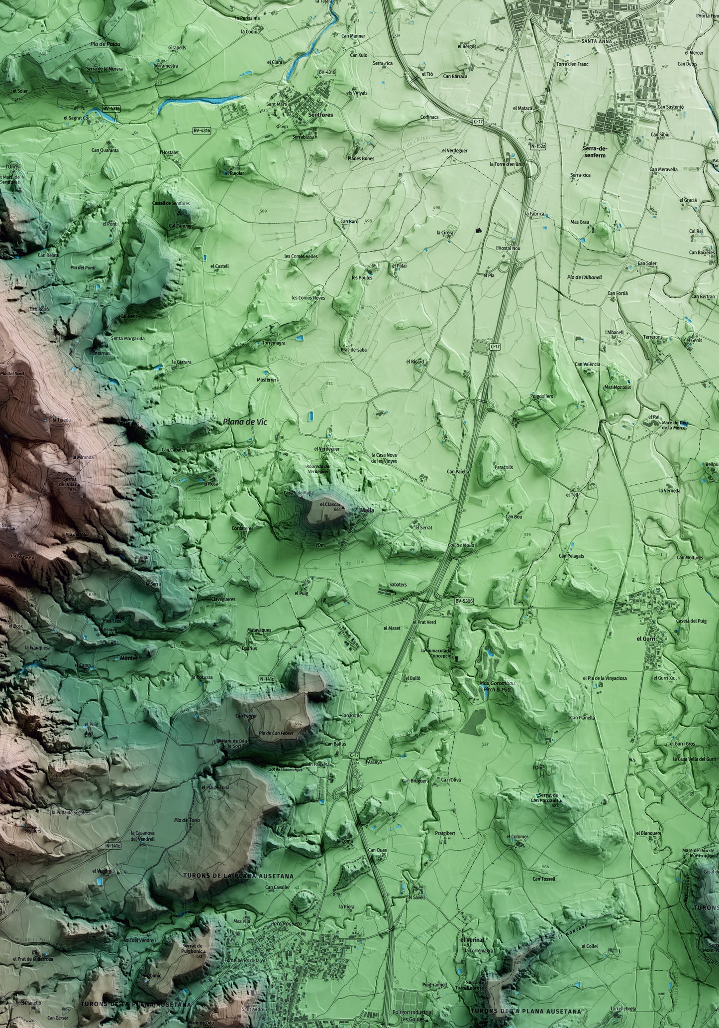 Mapa artístico del relieve de Malla, a Osona, con 15 km de entorno y base topográfica ICGC. Detalle de la zona central.