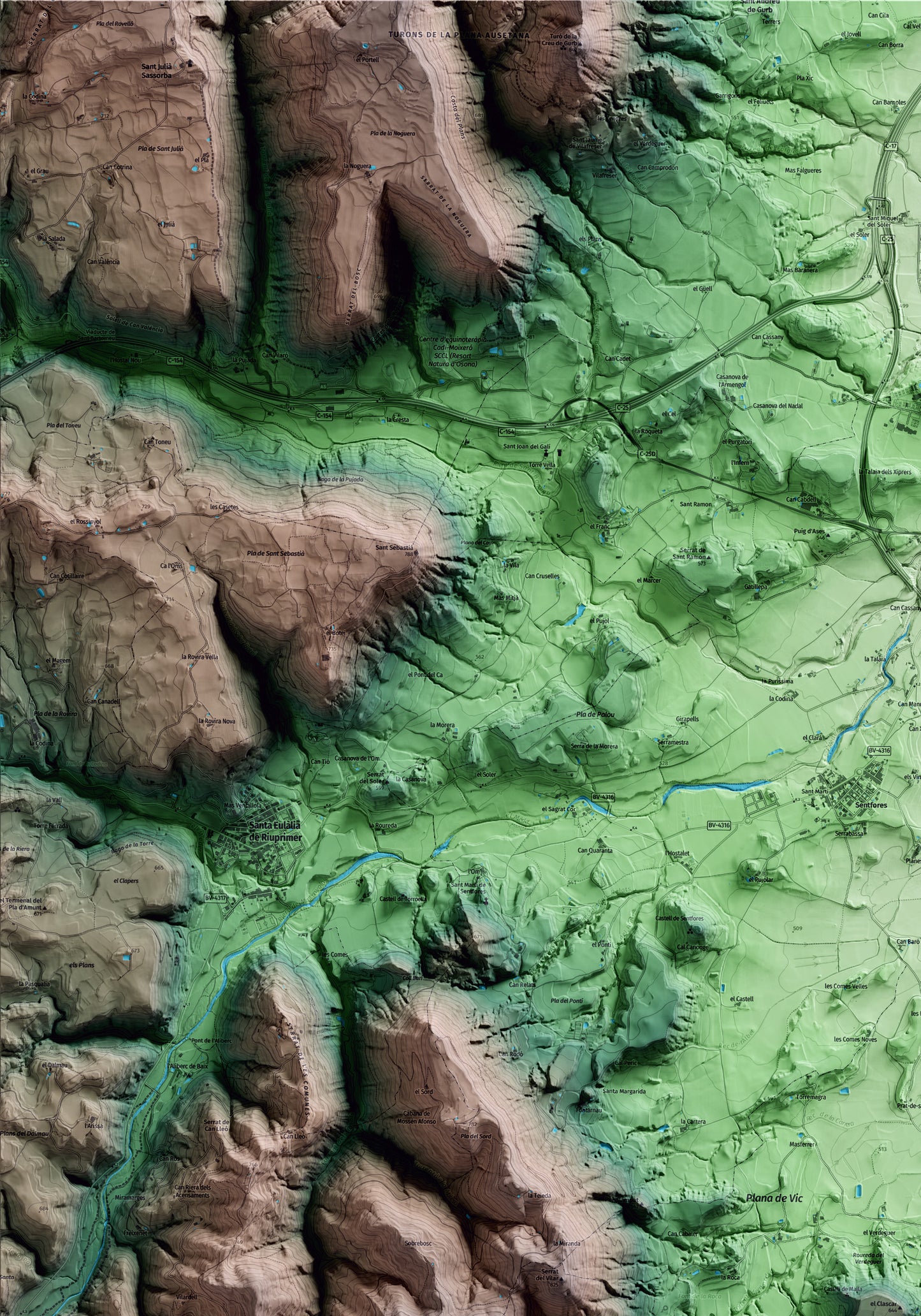 Mapa artístico del relieve de Malla, a Osona, con 15 km de entorno y base topográfica ICGC. Detalle de la zona superior izquierda.