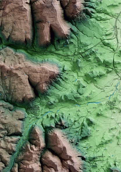 Mapa artístico del relieve de Malla, a Osona, con 15 km de entorno y base topográfica ICGC. Detalle de la zona superior izquierda.