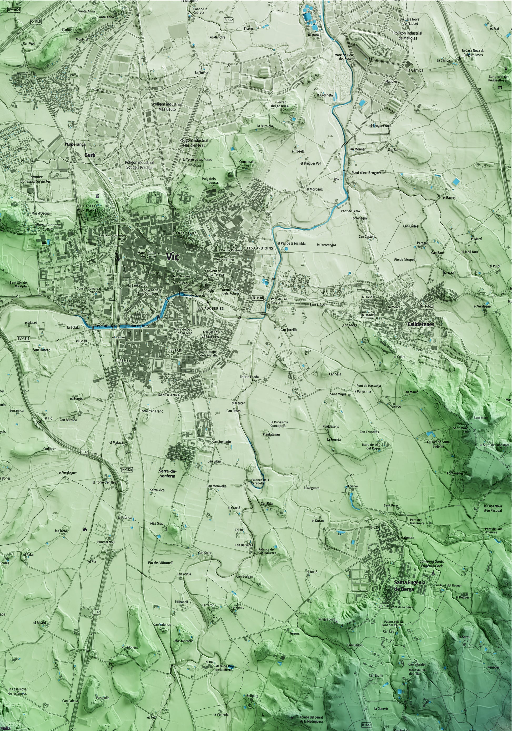Mapa artístico del relieve de Malla, a Osona, con 15 km de entorno y base topográfica ICGC. Detalle de la zona superior derecha.