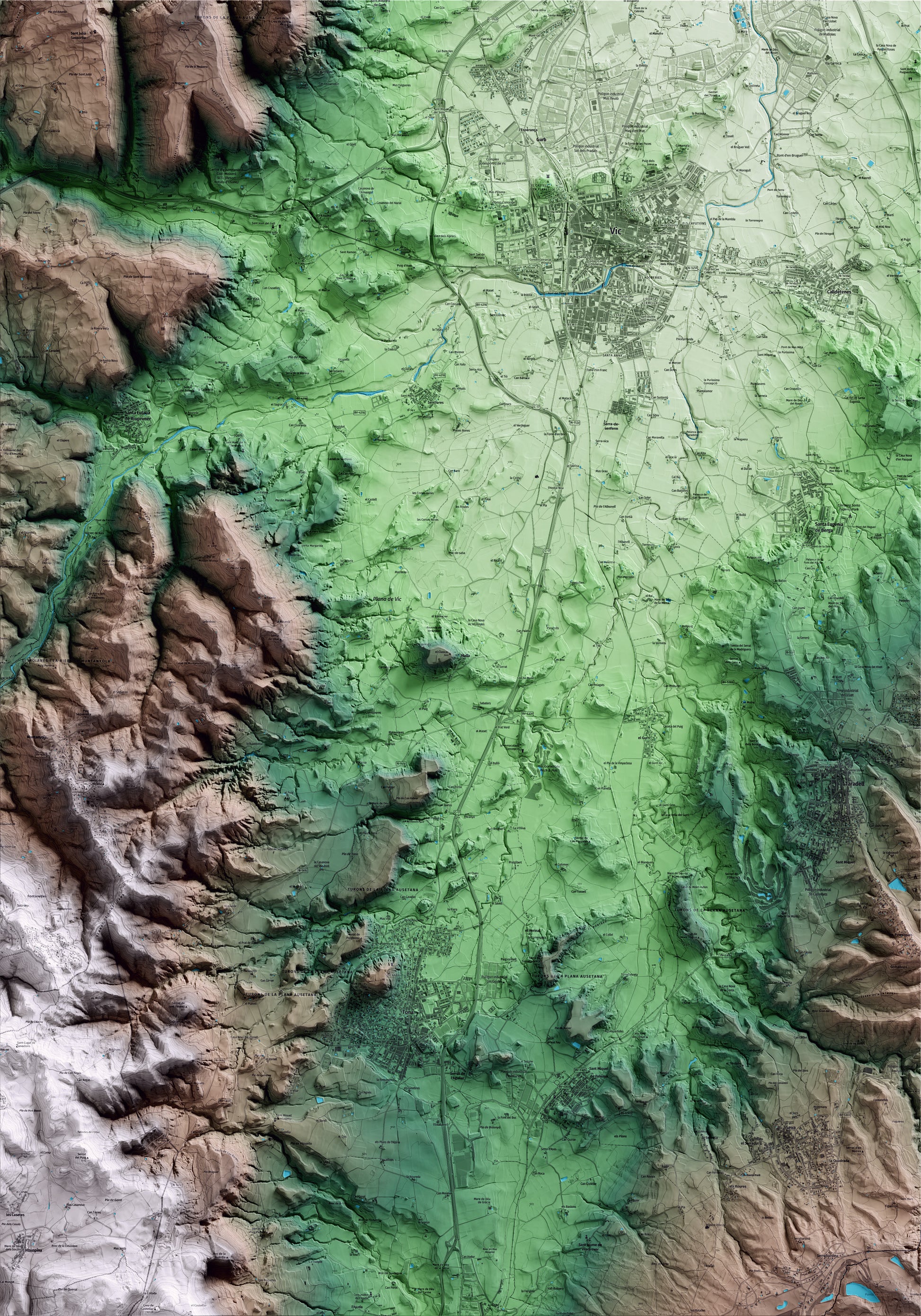 Mapa artístico del relieve de Malla, a Osona, con 15 km de entorno y base topográfica ICGC