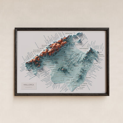 Edició octubre 2026 · Mapa topogràfic de Mallorca, Blau i taronja, 21 × 30 cm: presentació en marc negre (marc no inclòs).
