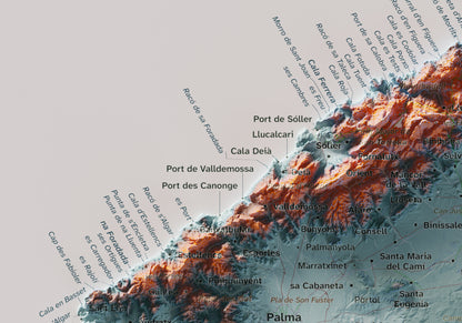 Edició octubre 2026 · Mapa topogràfic de Mallorca, Blau i taronja, 21 × 30 cm: detall de la costa nord-oest.