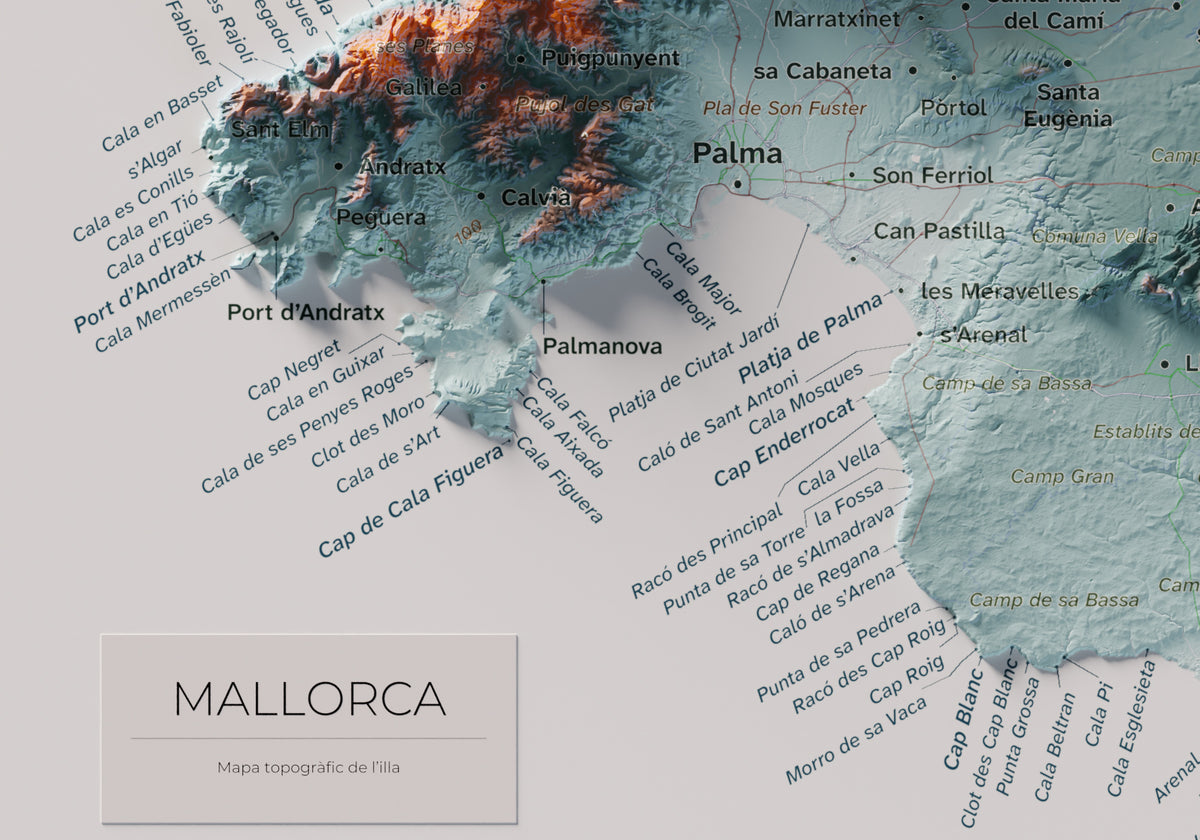 Edició octubre 2026 · Mapa topogràfic de Mallorca, Blau i taronja, 21 × 30 cm: detall de la costa sud-oest.