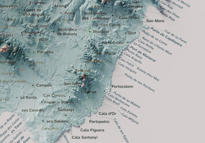 Edició octubre 2026 · Mapa topogràfic de Mallorca, Blau i taronja, 21 × 30 cm: detall de la costa sud-est.