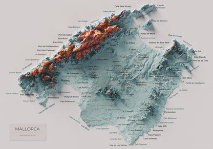 Mapa topogràfic de Mallorca, Blau i taronja, 21 × 30 cm: mapa complet.