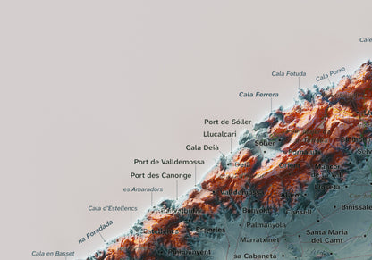 Mapa topogràfic de Mallorca, Blau i taronja, 21 × 30 cm: detall superior esquerre.