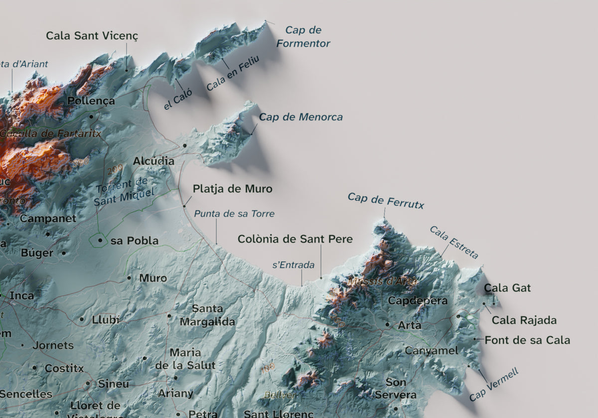 Mapa topogràfic de Mallorca, Blau i taronja, 21 × 30 cm: detall superior dret.