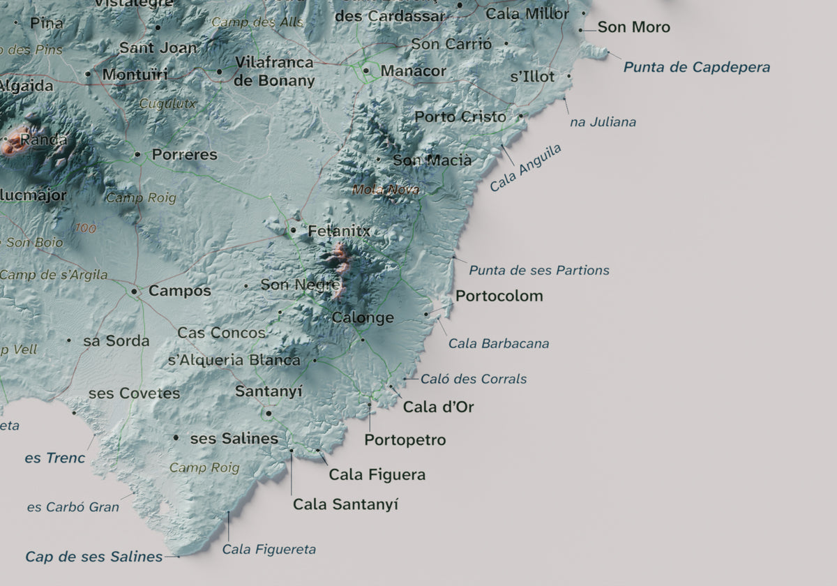 Mapa topogràfic de Mallorca, Blau i taronja, 21 × 30 cm: detall inferior dret.
