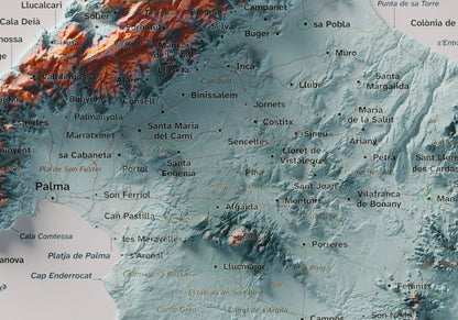 Mapa topogràfic de Mallorca, Blau i taronja, 21 × 30 cm: detall central.