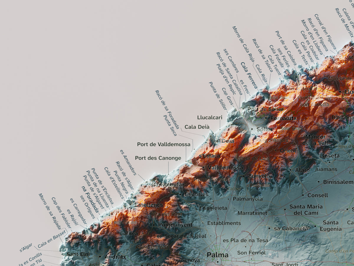Edició octubre 2026 · Mapa topogràfic de Mallorca, Blau i taronja, 30 × 40 cm: detall de la costa nord-oest.