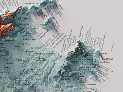 Edició octubre 2026 · Mapa topogràfic de Mallorca, Blau i taronja, 30 × 40 cm: detall de la costa nord-est.
