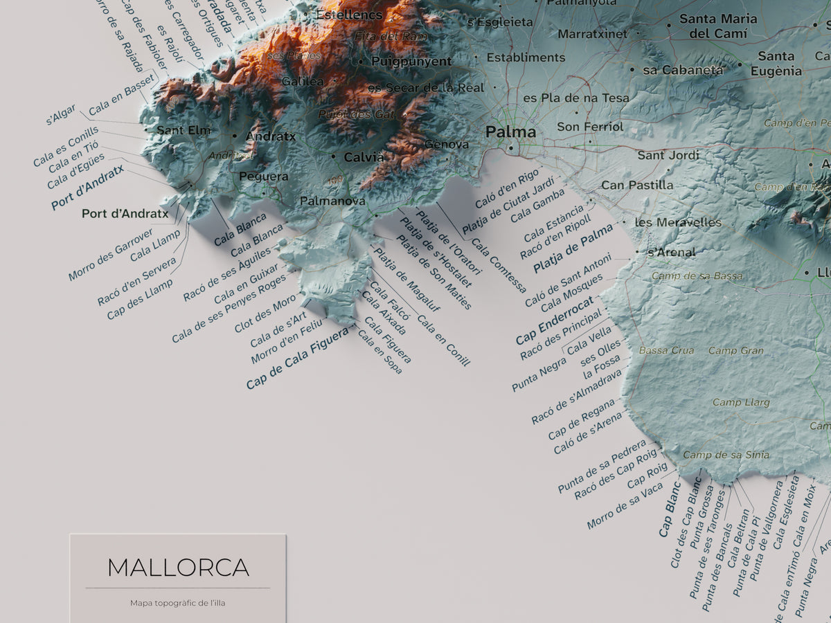 Edició octubre 2026 · Mapa topogràfic de Mallorca, Blau i taronja, 30 × 40 cm: detall de la costa sud-oest.