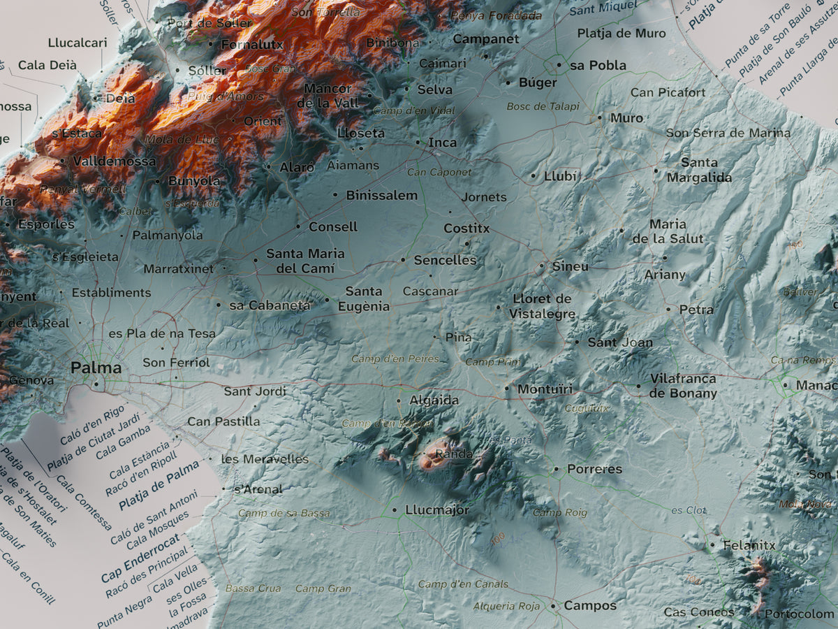 Edició octubre 2026 · Mapa topogràfic de Mallorca, Blau i taronja, 30 × 40 cm: detall central.