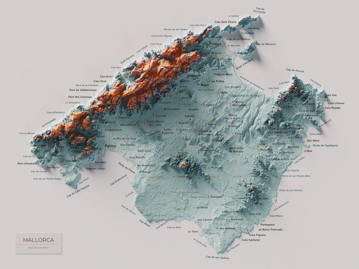 Mapa topogràfic de Mallorca, Blau i taronja, 30 × 40 cm: mapa complet.