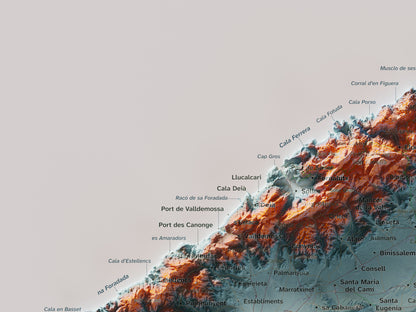 Mapa topogràfic de Mallorca, Blau i taronja, 30 × 40 cm: detall superior esquerre.