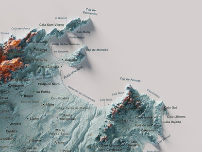 Mapa topogràfic de Mallorca, Blau i taronja, 30 × 40 cm: detall superior dret.