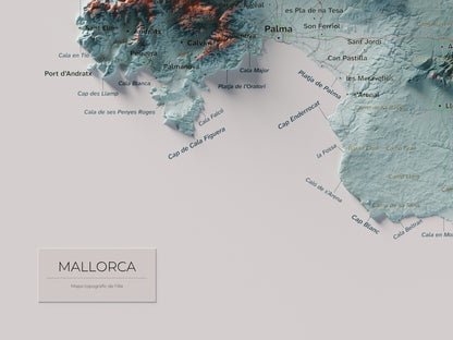 Mapa topogràfic de Mallorca, Blau i taronja, 30 × 40 cm: detall inferior esquerre.