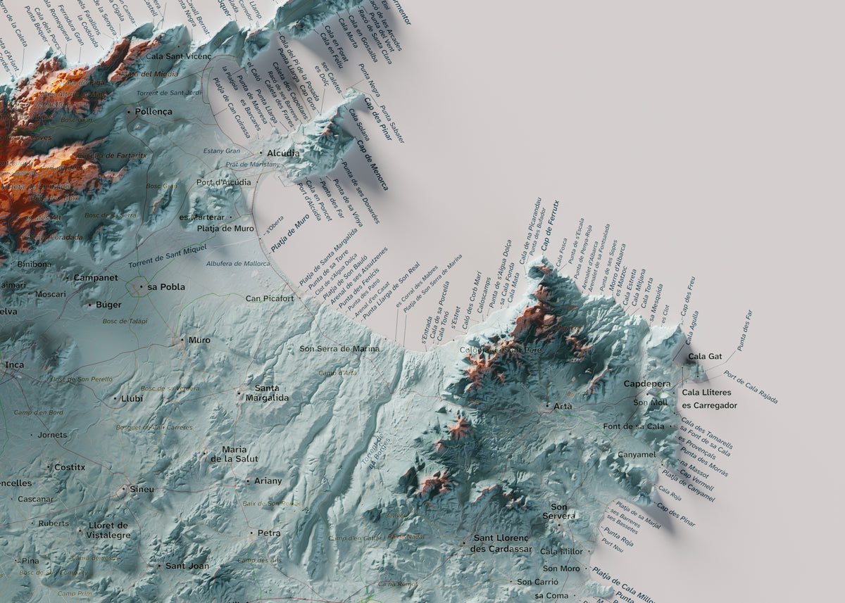 Edició octubre 2026 · Mapa topogràfic de Mallorca, Blau i taronja, 50 × 70 cm: detall de la costa nord-est.