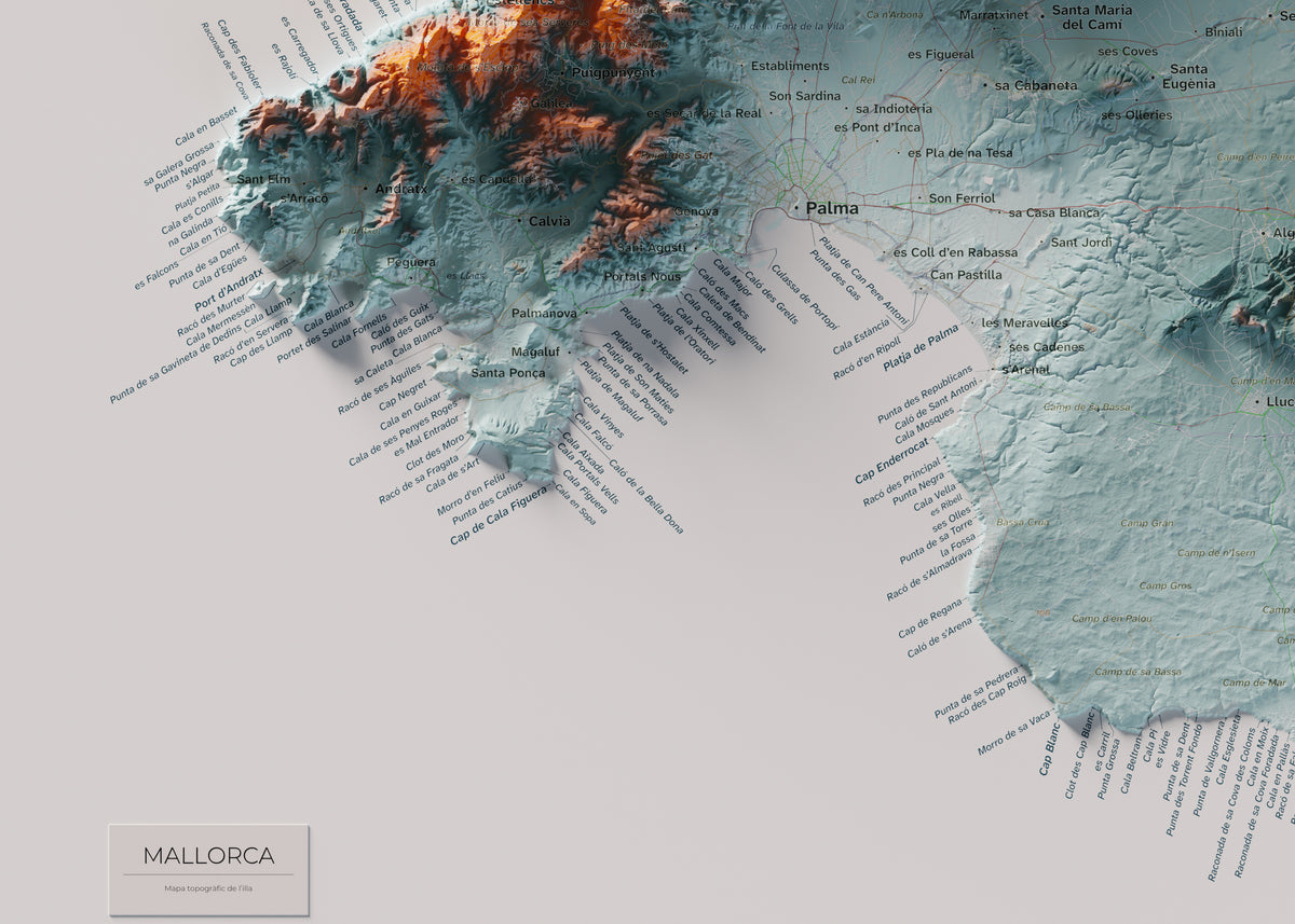 Edició octubre 2026 · Mapa topogràfic de Mallorca, Blau i taronja, 50 × 70 cm: detall de la costa sud-oest.