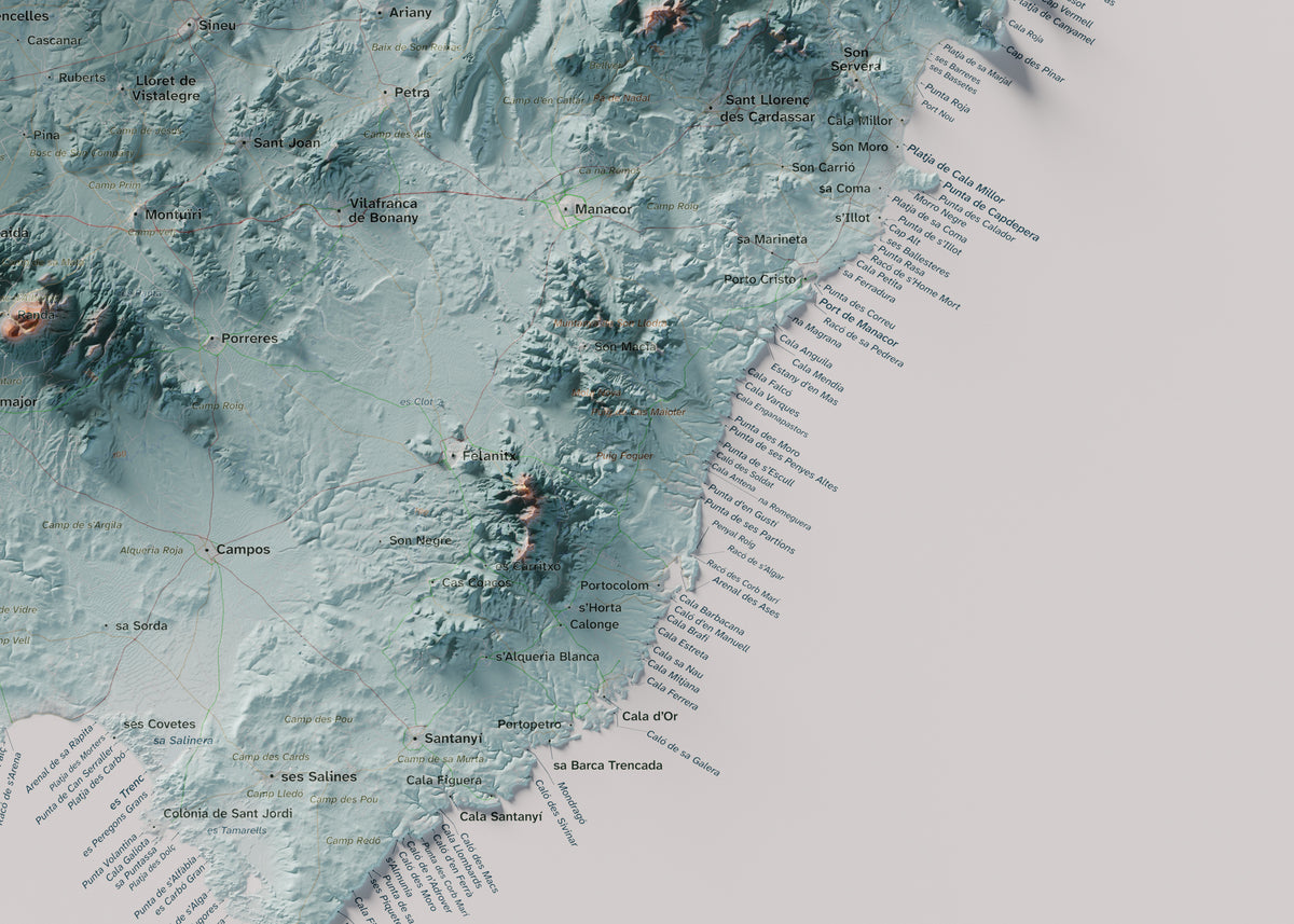 Edició octubre 2026 · Mapa topogràfic de Mallorca, Blau i taronja, 50 × 70 cm: detall de la costa sud-est.