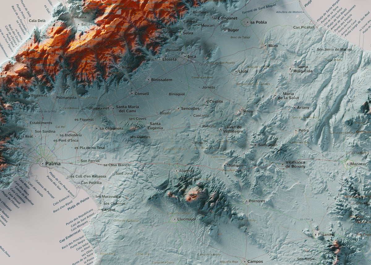 Edició octubre 2026 · Mapa topogràfic de Mallorca, Blau i taronja, 50 × 70 cm: detall central.