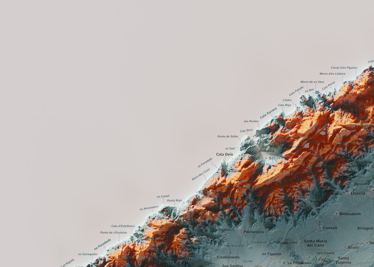 Mapa topogràfic de Mallorca, Blau i taronja, 50 × 70 cm: detall superior esquerre.
