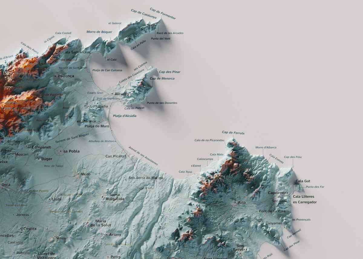 Mapa topogràfic de Mallorca, Blau i taronja, 50 × 70 cm: detall superior dret.