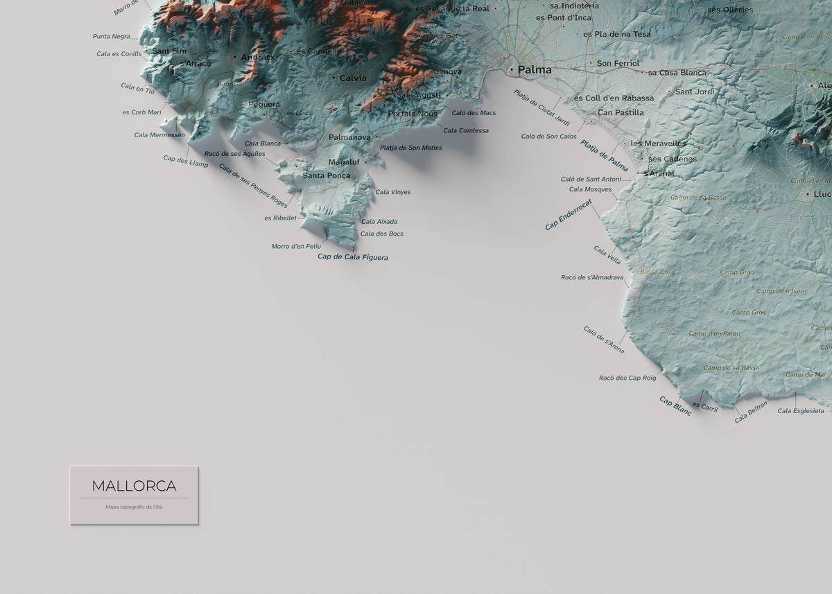 Mapa topogràfic de Mallorca, Blau i taronja, 50 × 70 cm: detall inferior esquerre.