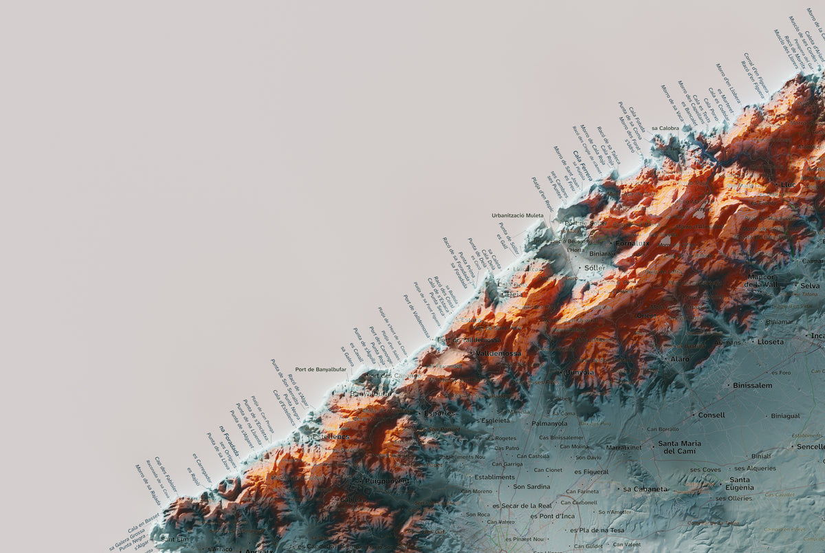 Edició octubre 2026 · Mapa topogràfic de Mallorca, Blau i taronja, 61 × 91 cm: detall de la costa nord-oest.