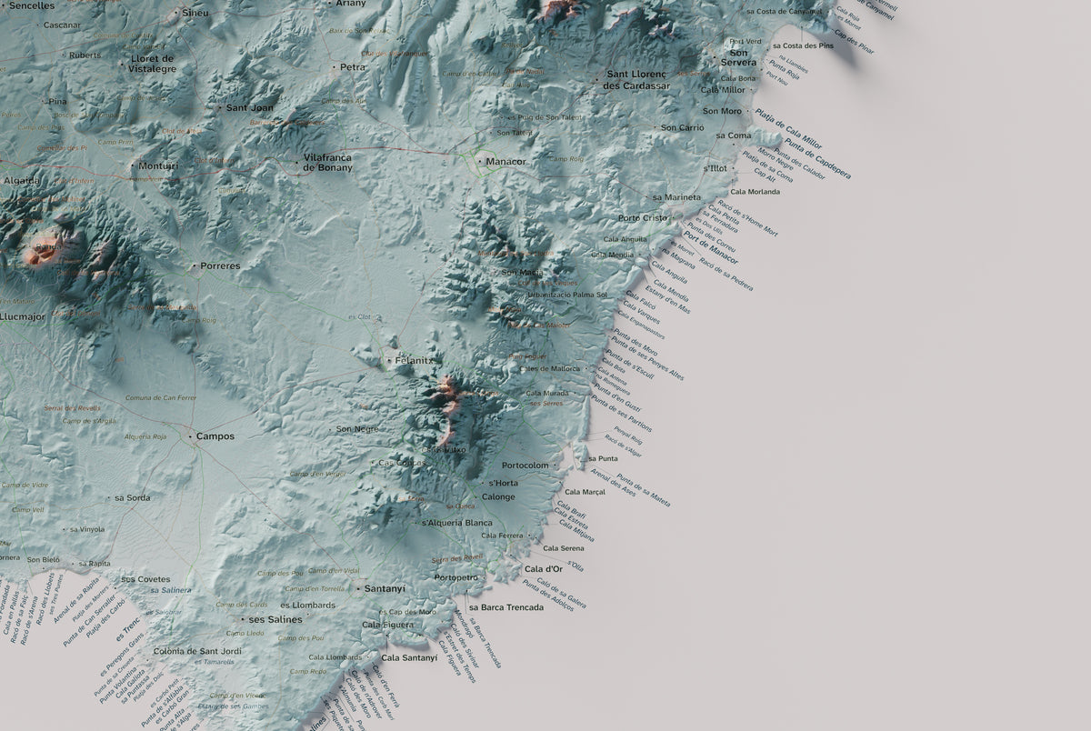 Edició octubre 2026 · Mapa topogràfic de Mallorca, Blau i taronja, 61 × 91 cm: detall de la costa sud-est.