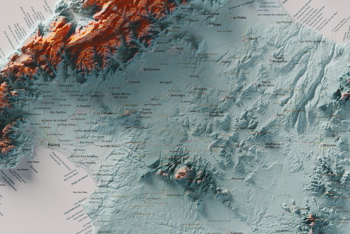 Edició octubre 2026 · Mapa topogràfic de Mallorca, Blau i taronja, 61 × 91 cm: detall central.