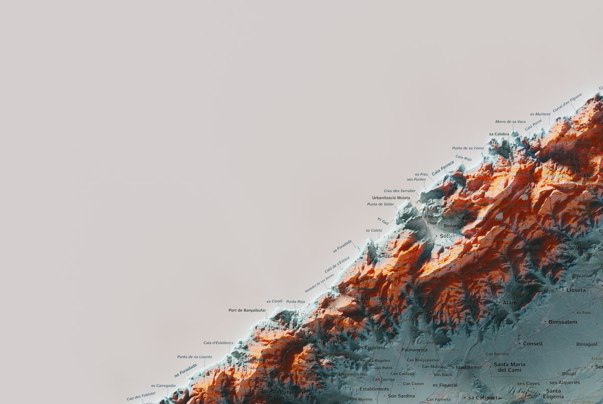 Mapa topogràfic de Mallorca, Blau i taronja, 61 × 91 cm: detall superior esquerre.