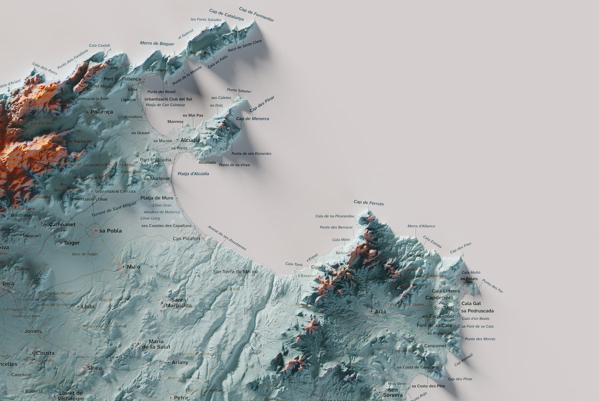 Mapa topogràfic de Mallorca, Blau i taronja, 61 × 91 cm: detall superior dret.