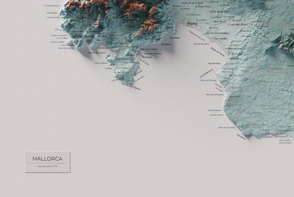 Mapa topogràfic de Mallorca, Blau i taronja, 61 × 91 cm: detall inferior esquerre.