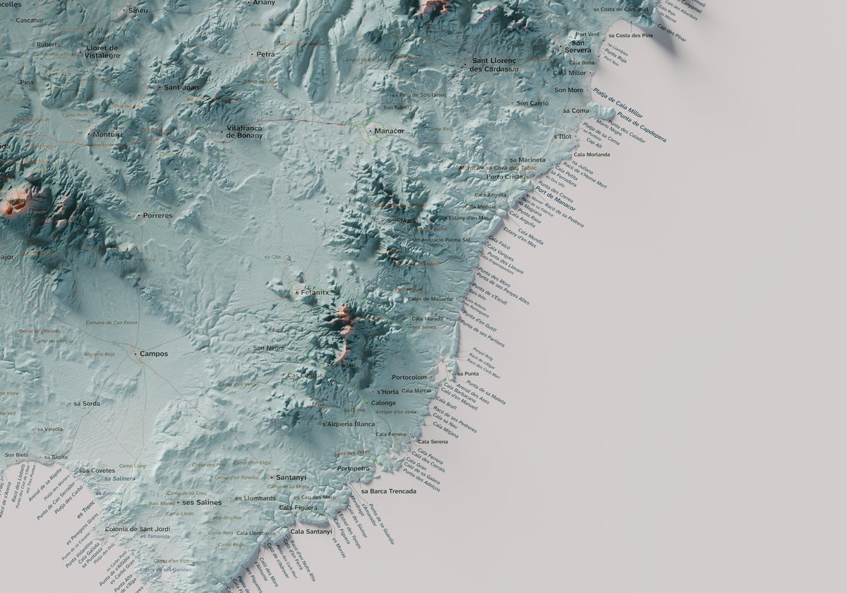 Edició octubre 2026 · Mapa topogràfic de Mallorca, Blau i taronja, 70 × 100 cm: detall de la costa sud-est.