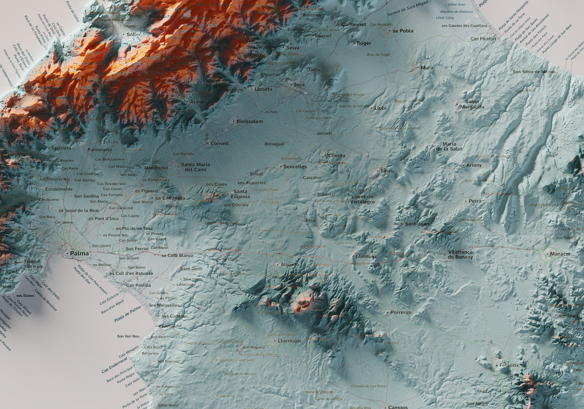 Edició octubre 2026 · Mapa topogràfic de Mallorca, Blau i taronja, 70 × 100 cm: detall central.