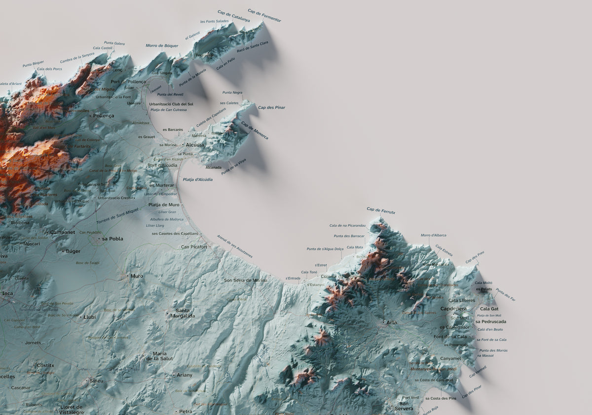 Mapa topogràfic de Mallorca, Blau i taronja, 70 × 100 cm: detall superior dret.