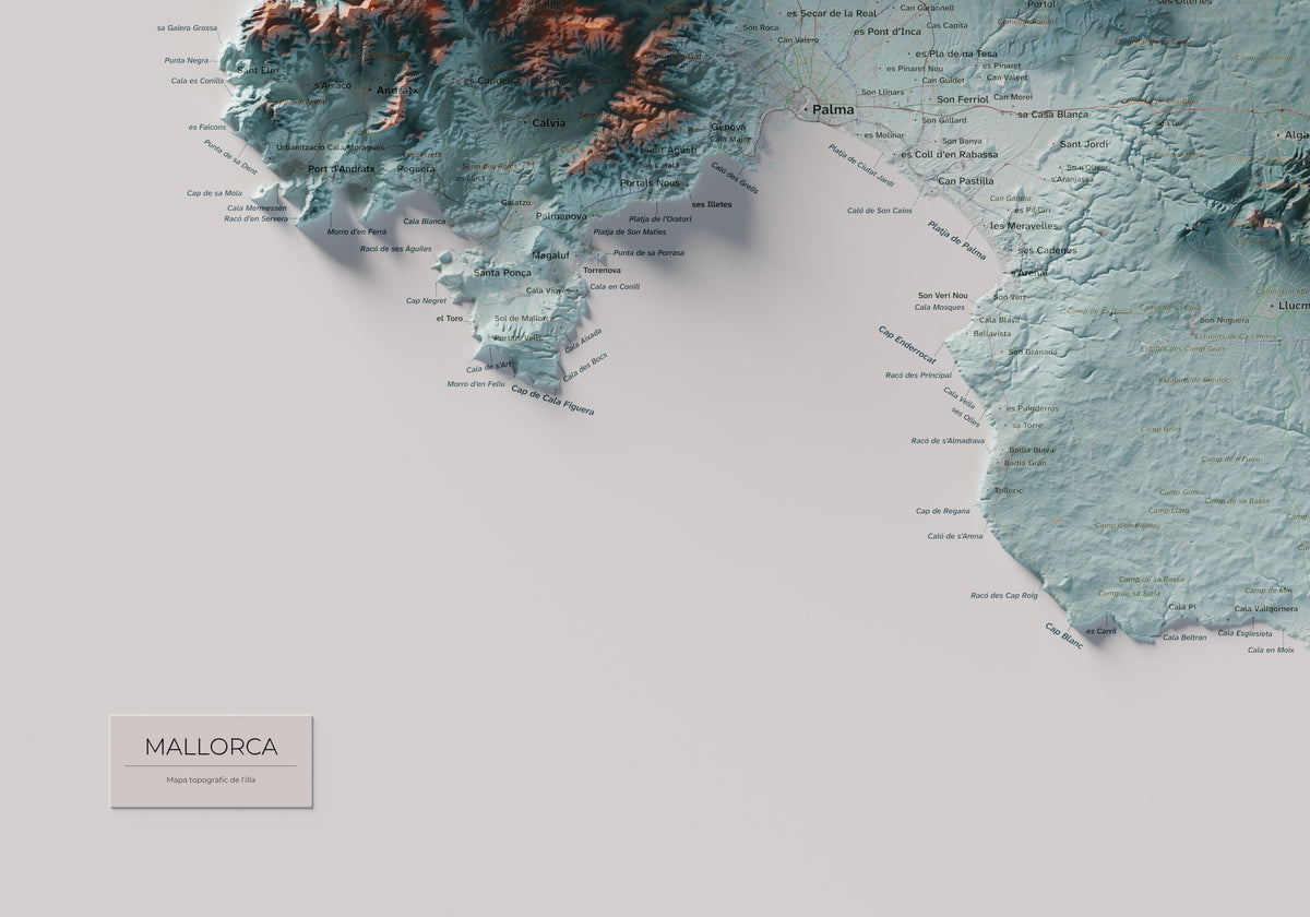 Mapa topogràfic de Mallorca, Blau i taronja, 70 × 100 cm: detall inferior esquerre.