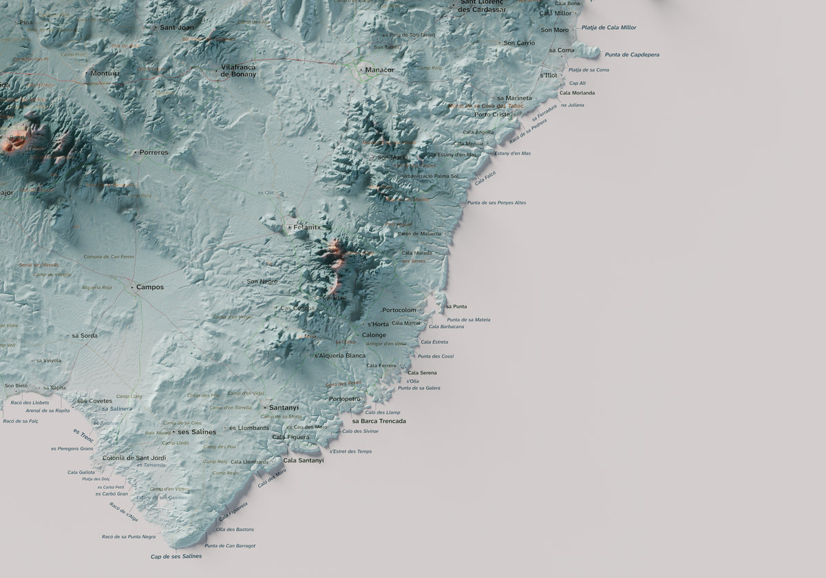 Mapa topogràfic de Mallorca, Blau i taronja, 70 × 100 cm: detall inferior dret.