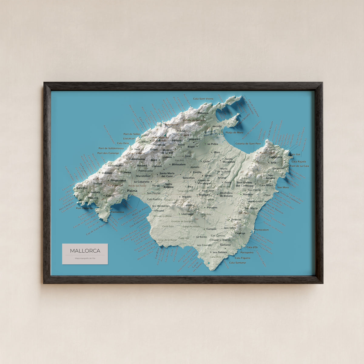Edició octubre 2026 · Mapa topogràfic de Mallorca, Cartogràfic, 21 × 30 cm: presentació en marc negre (marc no inclòs).